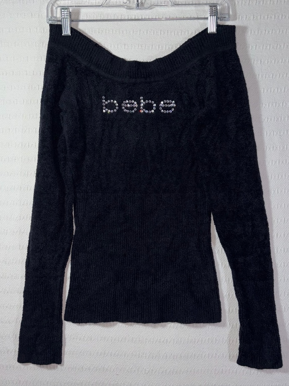 Bebe Womens Y2K Rhinestone Logo Off The Shoulder Sweater Top Size S 2000s Sequin